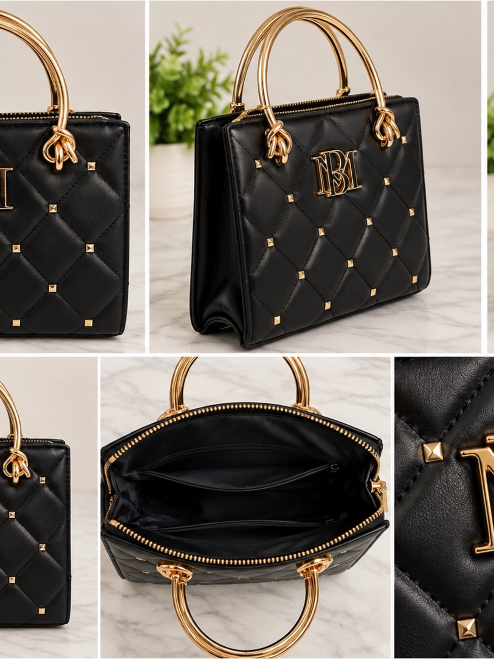 Black Quilted Satchel Handbag with Gold Hardware